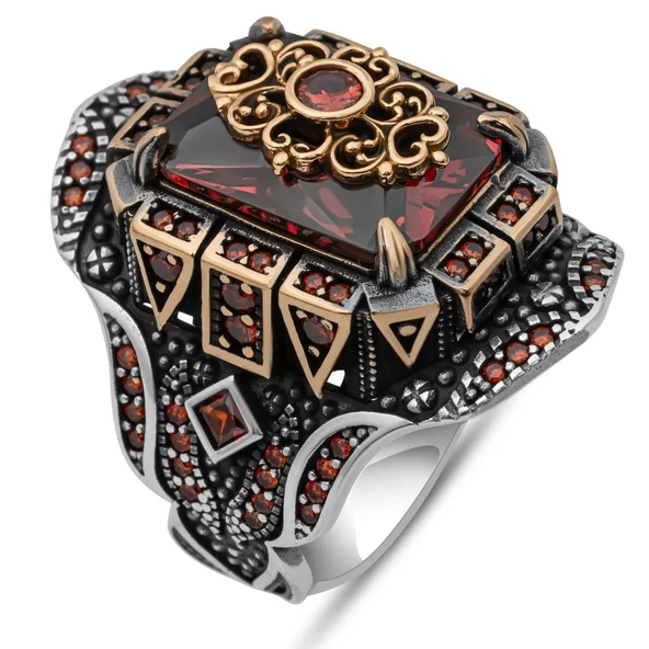 Kırmızı Taşlı Çiçek Motifli 925 Gümüş Yüzük Erkek - Resim 2