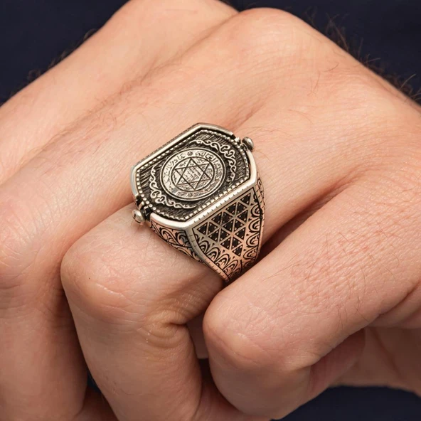 Hz. Süleyman Mührü Çift Taraflı 925 Erkek Gümüş Yüzük - Resim 7