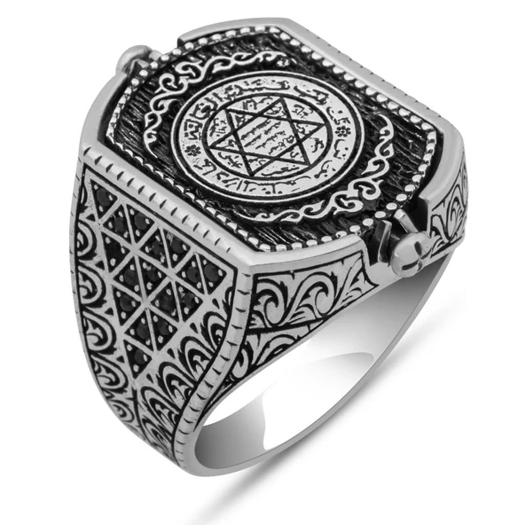 Hz. Süleyman Mührü Çift Taraflı 925 Erkek Gümüş Yüzük - Resim 4