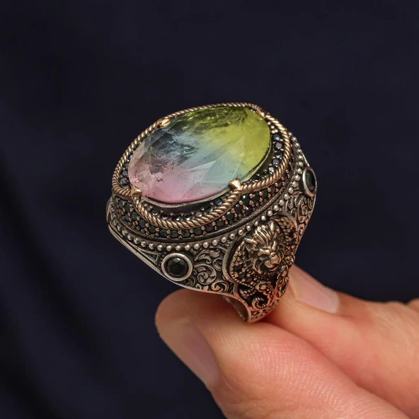 Çok Renkli Taşlı 925 Gümüş Yüzük Erkek - Resim 6