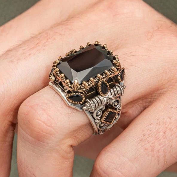 Siyah Taşlı 925 Erkek Gümüş Yüzük Erkek - Resim 3