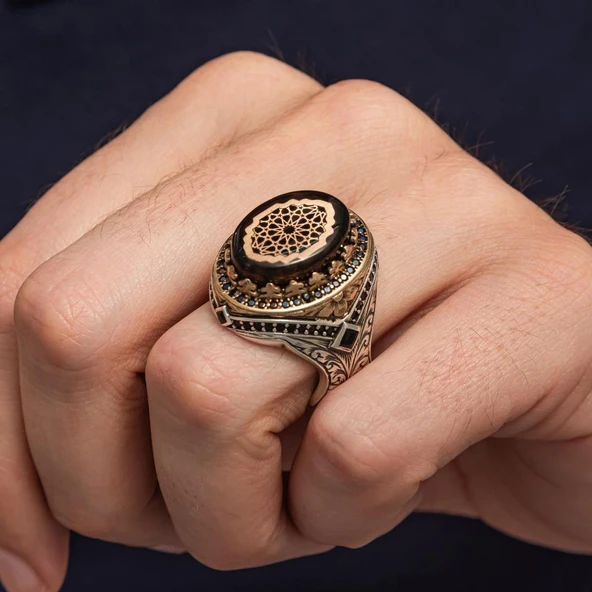 Sıkma Kehribar Taşlı 925 Erkek Gümüş Yüzük - 4