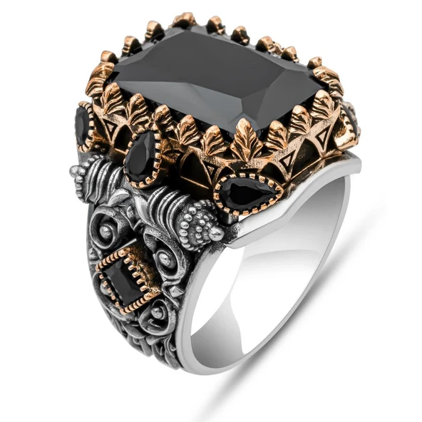 Siyah Taşlı 925 Erkek Gümüş Yüzük Erkek - Resim 2