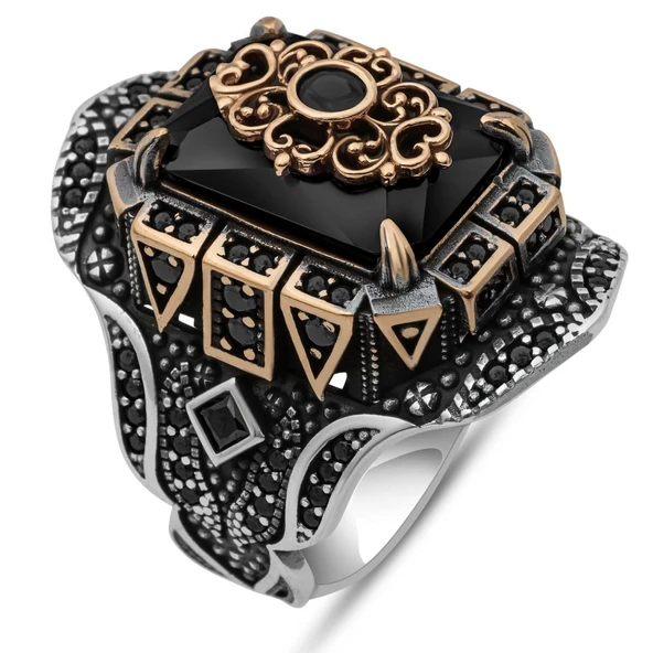 Siyah Taşlı Çiçek Motifli 925 Gümüş Yüzük Erkek - Resim 2