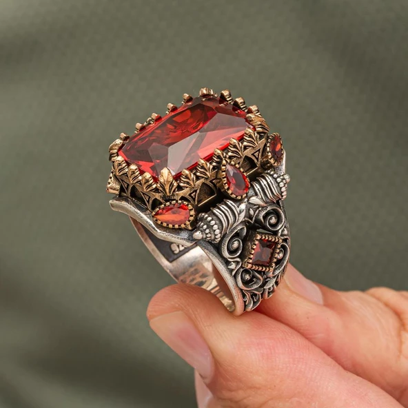 Kırmızı Taşlı 925 Erkek Gümüş Yüzük Erkek - 4