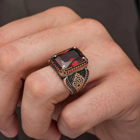 Kırmızı Zirkon Taşlı 925 Gümüş Yüzük Erkek - Resim 3