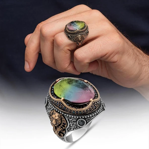 Çok Renkli Taşlı 925 Gümüş Yüzük Erkek ürün görseli