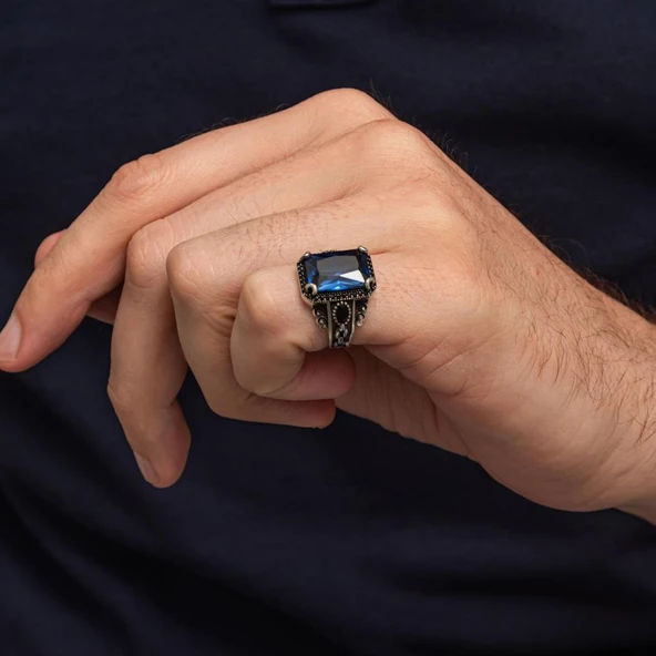 Lacivert Taşlı 925 Gümüş Serçe Parmak Erkek Yüzük - Resim 5