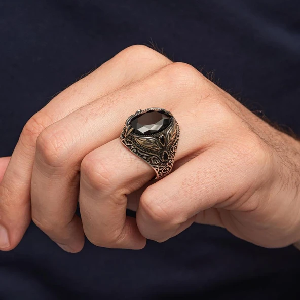 Oval Siyah Taşlı Yaprak Model 925 Erkek Gümüş Yüzük - Resim 7