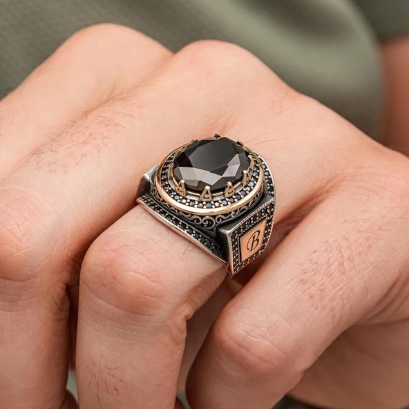 Siyah Taşlı Harfli 925 Gümüş Yüzük Erkek - Resim 2