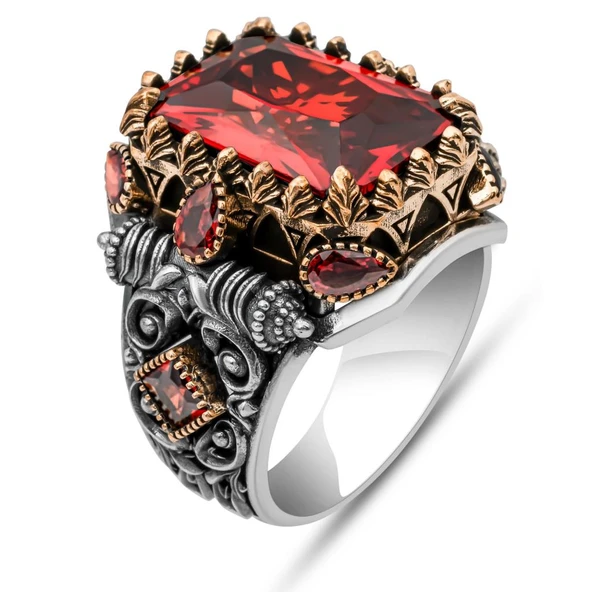 Kırmızı Taşlı 925 Erkek Gümüş Yüzük Erkek - 2