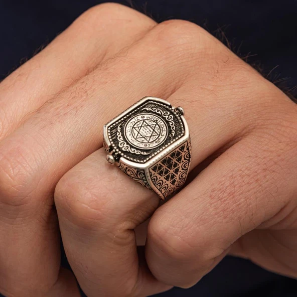 Hz. Süleyman Mührü Çift Taraflı 925 Erkek Gümüş Yüzük - Resim 5