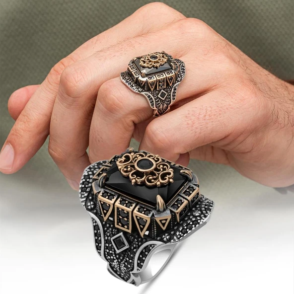 Siyah Taşlı Çiçek Motifli 925 Gümüş Yüzük Erkek ürün görseli