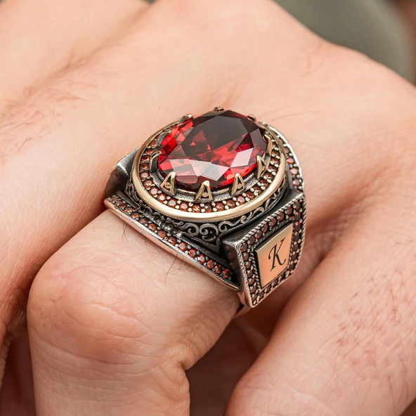Kırmızı Taşlı Harfli 925 Gümüş Yüzük Erkek - 5