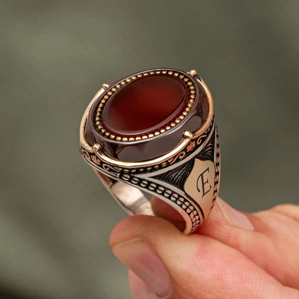 Oval Akik Taşlı Harfli 925 Gümüş Yüzük Erkek - Resim 3