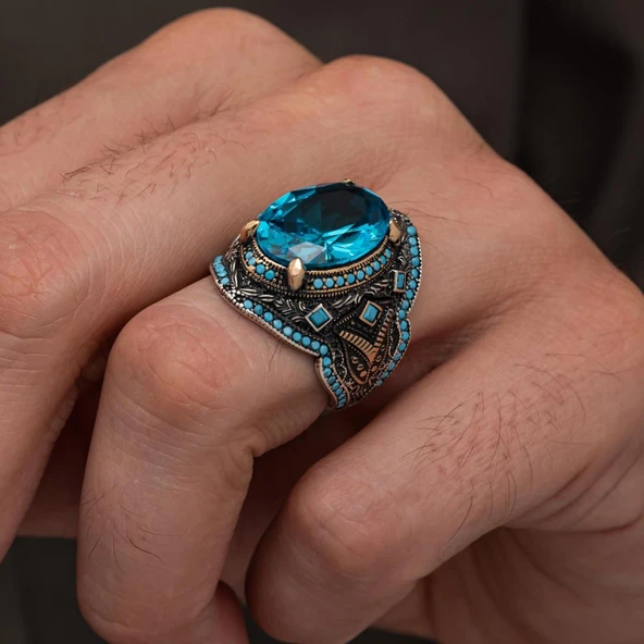Oval Aqua Mavi Taşlı 925 Gümüş Yüzük Erkek - Resim 3