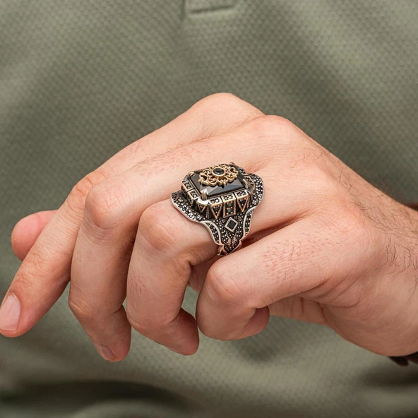 Siyah Taşlı Çiçek Motifli 925 Gümüş Yüzük Erkek - Resim 4