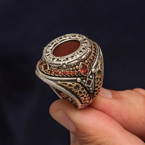 Oval Akik Taşlı 925 Gümüş Erkek Yüzük - Resim 5