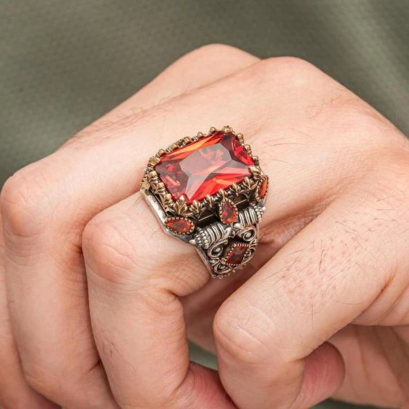 Kırmızı Taşlı 925 Erkek Gümüş Yüzük Erkek - 7