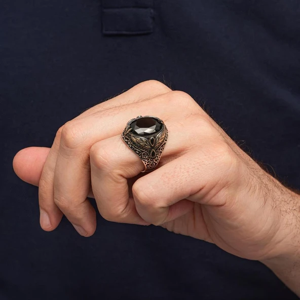 Oval Siyah Taşlı Yaprak Model 925 Erkek Gümüş Yüzük - Resim 6