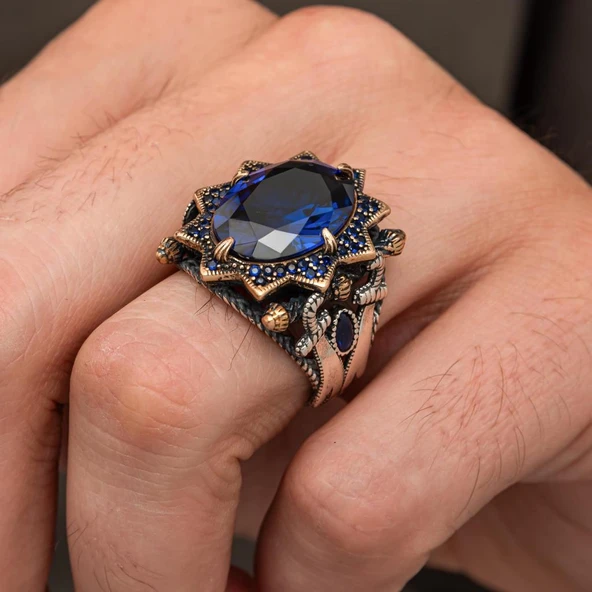 Kılıç Motif Lacivert Taşlı 925 Ayar Erkek Gümüş Yüzük - Resim 4