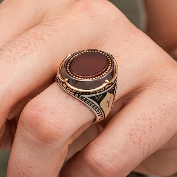 Oval Akik Taşlı Harfli 925 Gümüş Yüzük Erkek - Resim 4