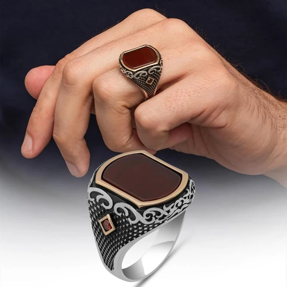 Akik Taşlı 925 Erkek Gümüş Yüzük Erkek ürün görseli