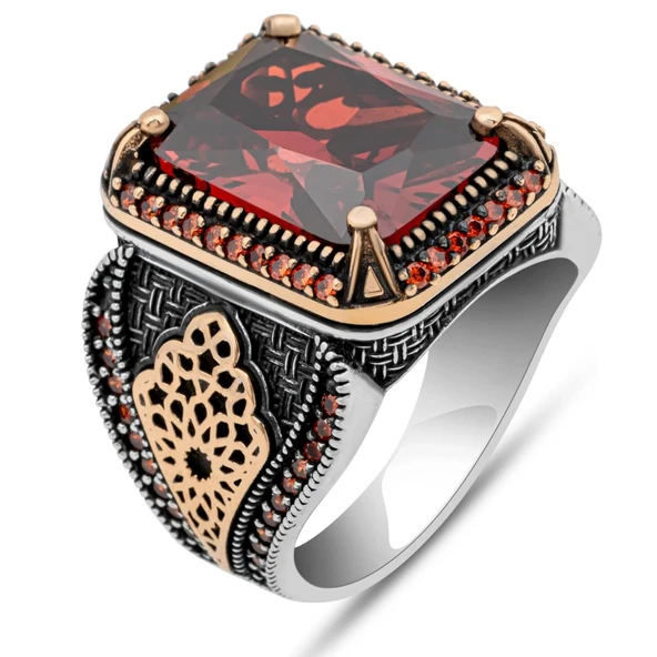 Kırmızı Zirkon Taşlı 925 Gümüş Yüzük Erkek - Resim 2