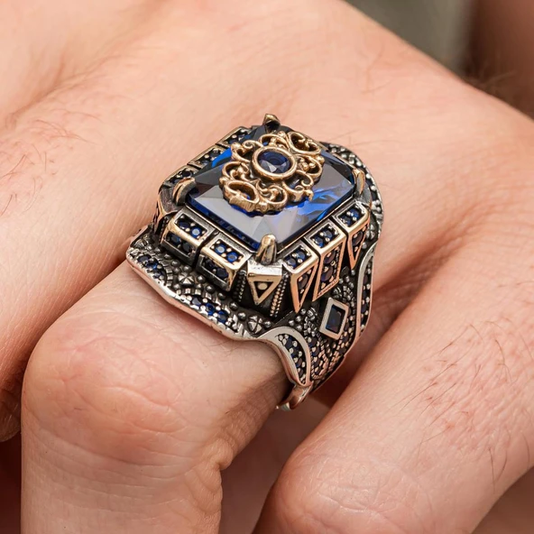 Lacivert Taşlı Çiçek Motifli 925 Gümüş Yüzük Erkek - 6