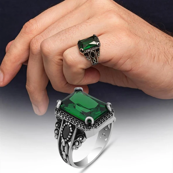 Yeşil Taşlı 925 Gümüş Serçe Parmak Erkek Yüzük ürün görseli