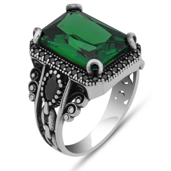 Yeşil Taşlı 925 Gümüş Serçe Parmak Erkek Yüzük - Resim 2