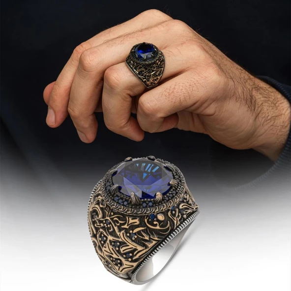 Yuvarlak Lacivert Taşlı 925 Erkek Gümüş Yüzük ürün görseli