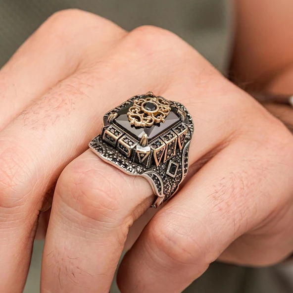 Siyah Taşlı Çiçek Motifli 925 Gümüş Yüzük Erkek - Resim 5