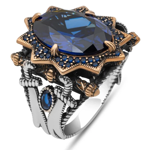 Kılıç Motif Lacivert Taşlı 925 Ayar Erkek Gümüş Yüzük - Resim 2