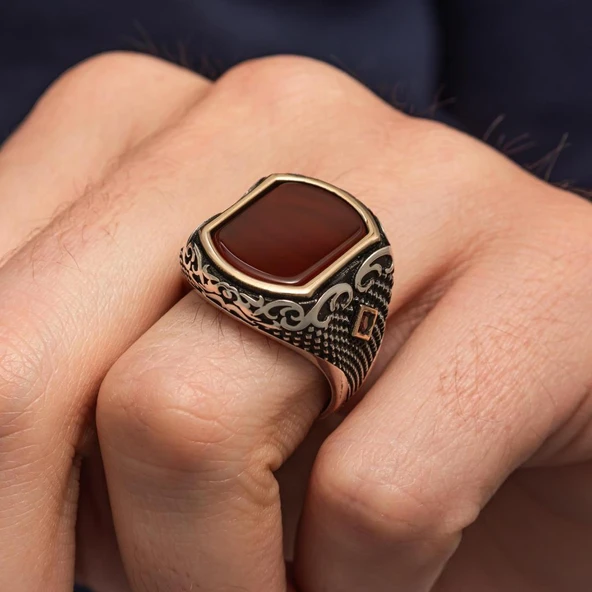 Akik Taşlı 925 Erkek Gümüş Yüzük Erkek - Resim 6