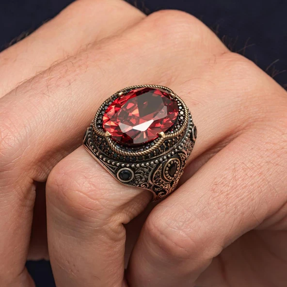 Oval Kırmızı Zirkon Taşlı 925 Erkek Gümüş Yüzük - Resim 3
