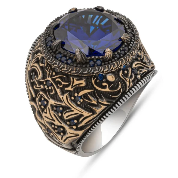 Yuvarlak Lacivert Taşlı 925 Erkek Gümüş Yüzük - Resim 2