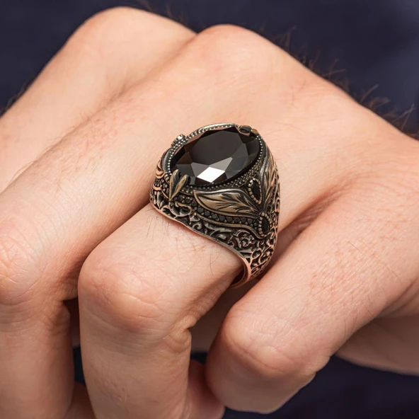 Oval Siyah Taşlı Yaprak Model 925 Erkek Gümüş Yüzük - Resim 4