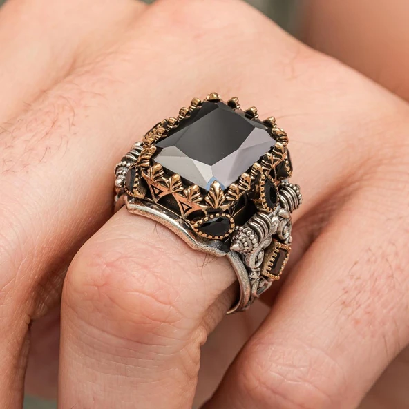 Siyah Taşlı 925 Erkek Gümüş Yüzük Erkek - Resim 6