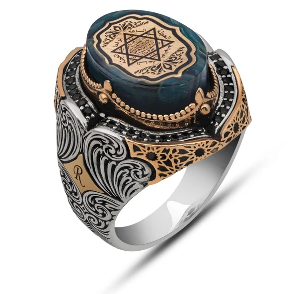 Mührü Süleyman İşeme Mavi Taşlı 925 Gümüş Erkek Yüzük - Resim 2