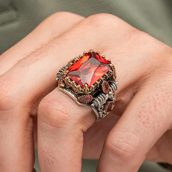 Kırmızı Taşlı 925 Erkek Gümüş Yüzük Erkek - 3