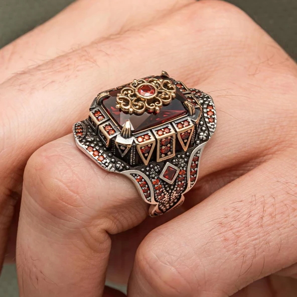 Kırmızı Taşlı Çiçek Motifli 925 Gümüş Yüzük Erkek - Resim 3