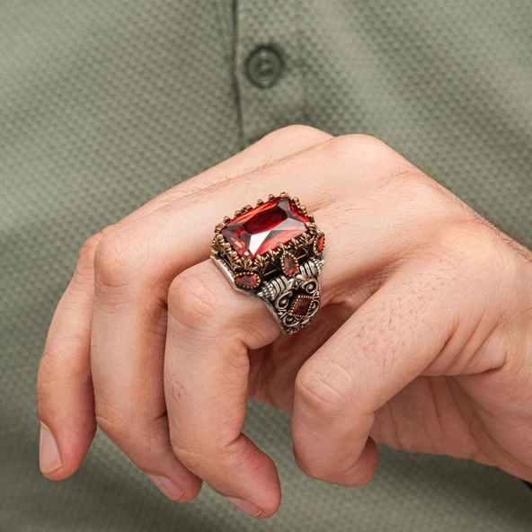 Kırmızı Taşlı 925 Erkek Gümüş Yüzük Erkek - 6