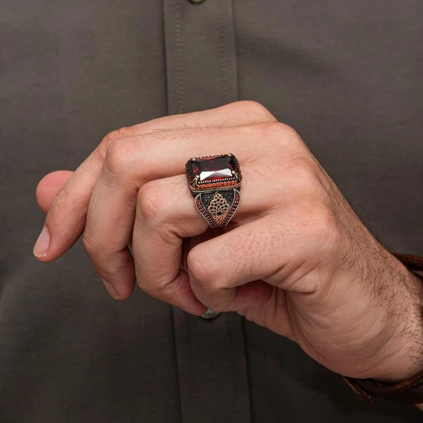 Kırmızı Zirkon Taşlı 925 Gümüş Yüzük Erkek - Resim 7