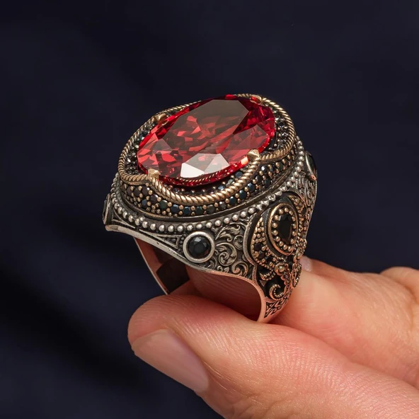 Oval Kırmızı Zirkon Taşlı 925 Erkek Gümüş Yüzük - Resim 4
