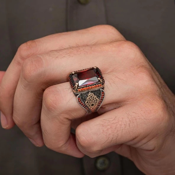 Kırmızı Zirkon Taşlı 925 Gümüş Yüzük Erkek - Resim 5