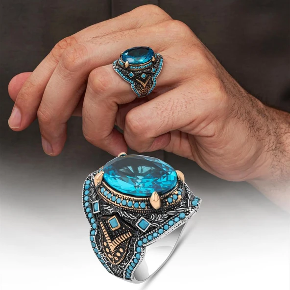 Oval Aqua Mavi Taşlı 925 Gümüş Yüzük Erkek ürün görseli