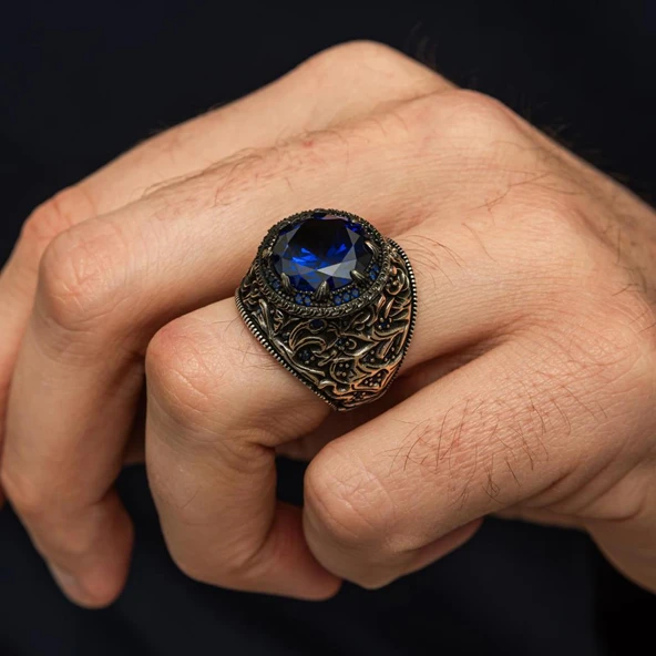 Yuvarlak Lacivert Taşlı 925 Erkek Gümüş Yüzük - Resim 3