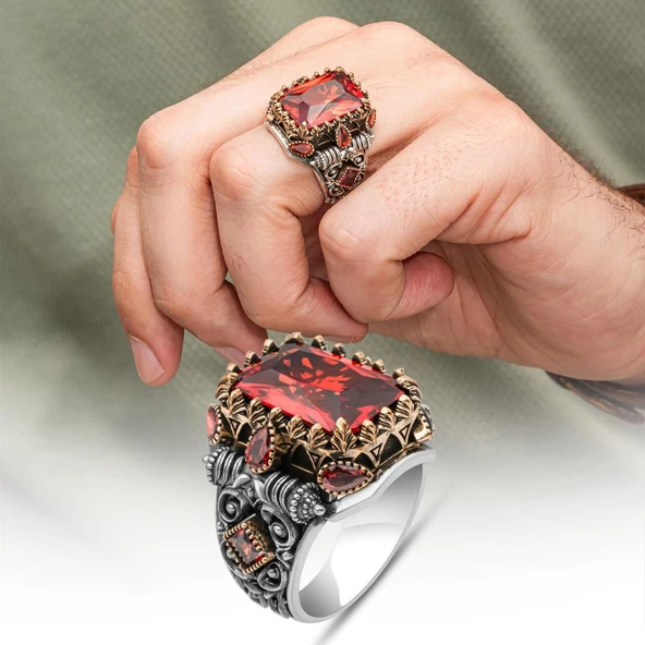 Kırmızı Taşlı 925 Erkek Gümüş Yüzük Erkek