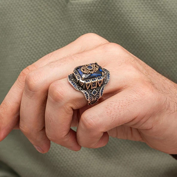 Lacivert Taşlı Çiçek Motifli 925 Gümüş Yüzük Erkek - 5
